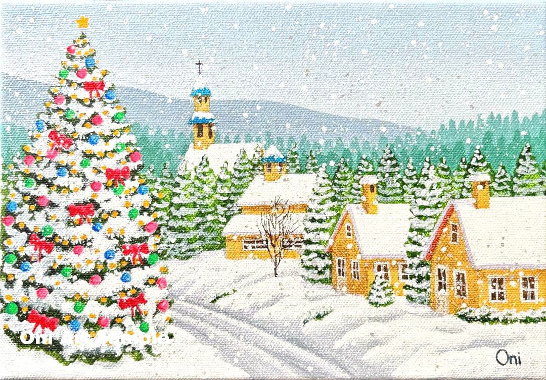 アクリル画　原画　「ホワイトクリスマス08」額縁付き　SMサイズ　風景画