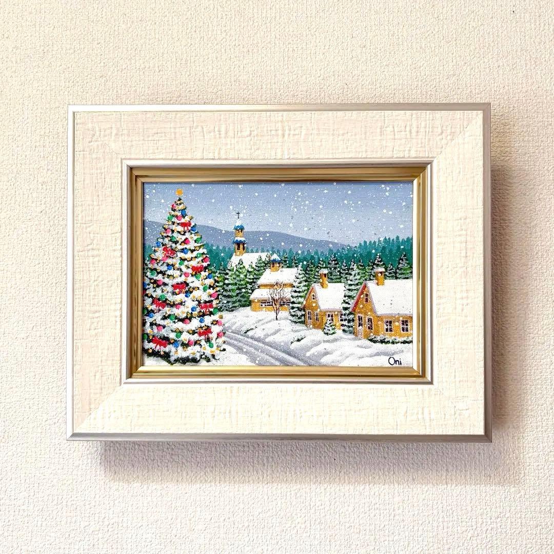 アクリル画　原画　「ホワイトクリスマス08」額縁付き　SMサイズ　風景画