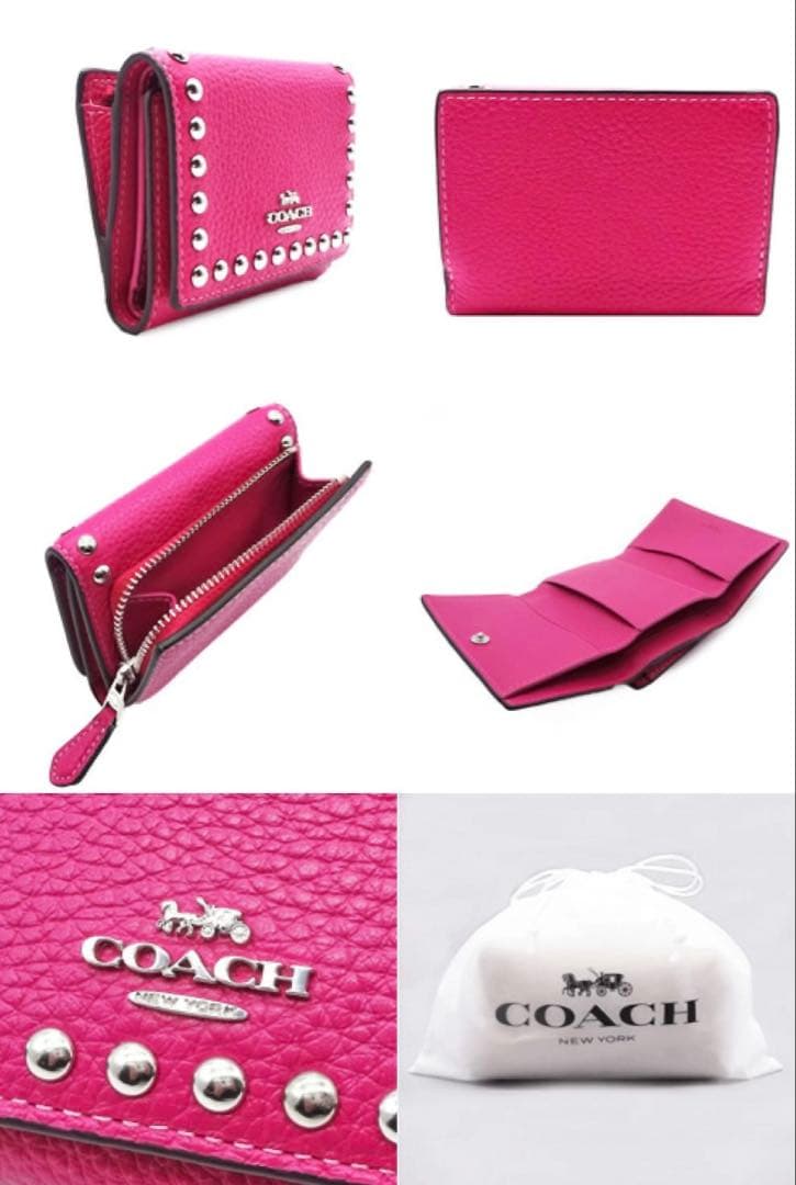 【美品】COACH スタッズ 三つ折り財布 ピンク