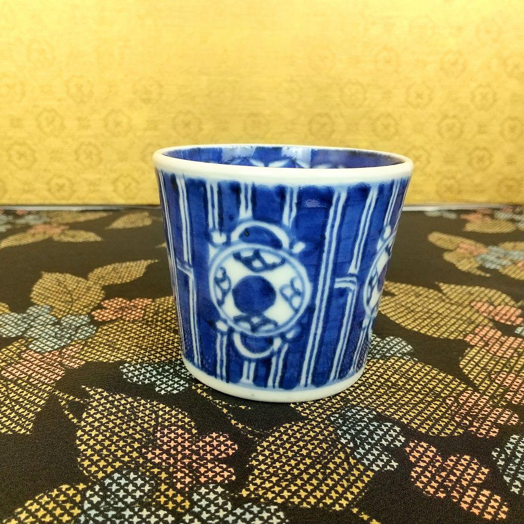 【お値下げしました！】古伊万里　そば猪口　染付　格子　鼓文