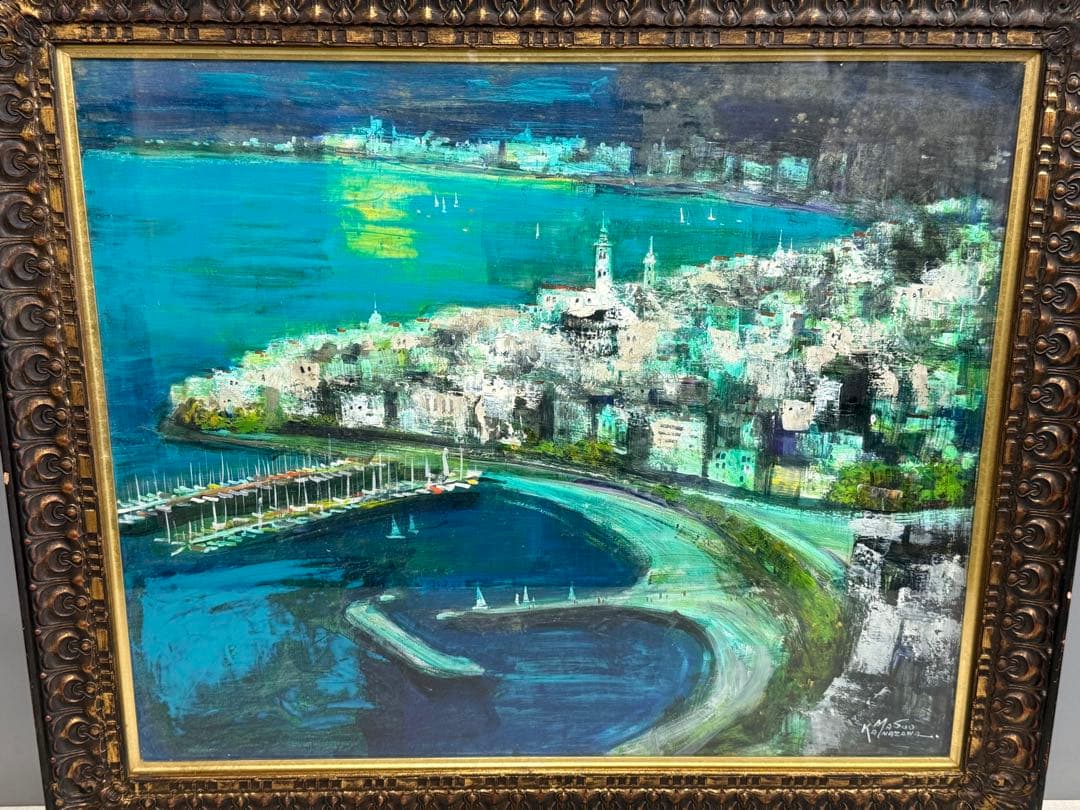 真作 金澤満寿雄 マントンの眺望 20号 大作 油彩画 元二科会会友 二科賞受賞