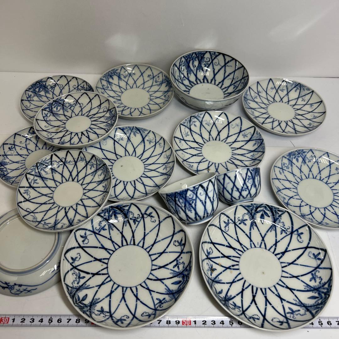 江戸後期　古伊万里　上手竹花文　中皿、猪口　通り物15点　東さ8-0124☆2F