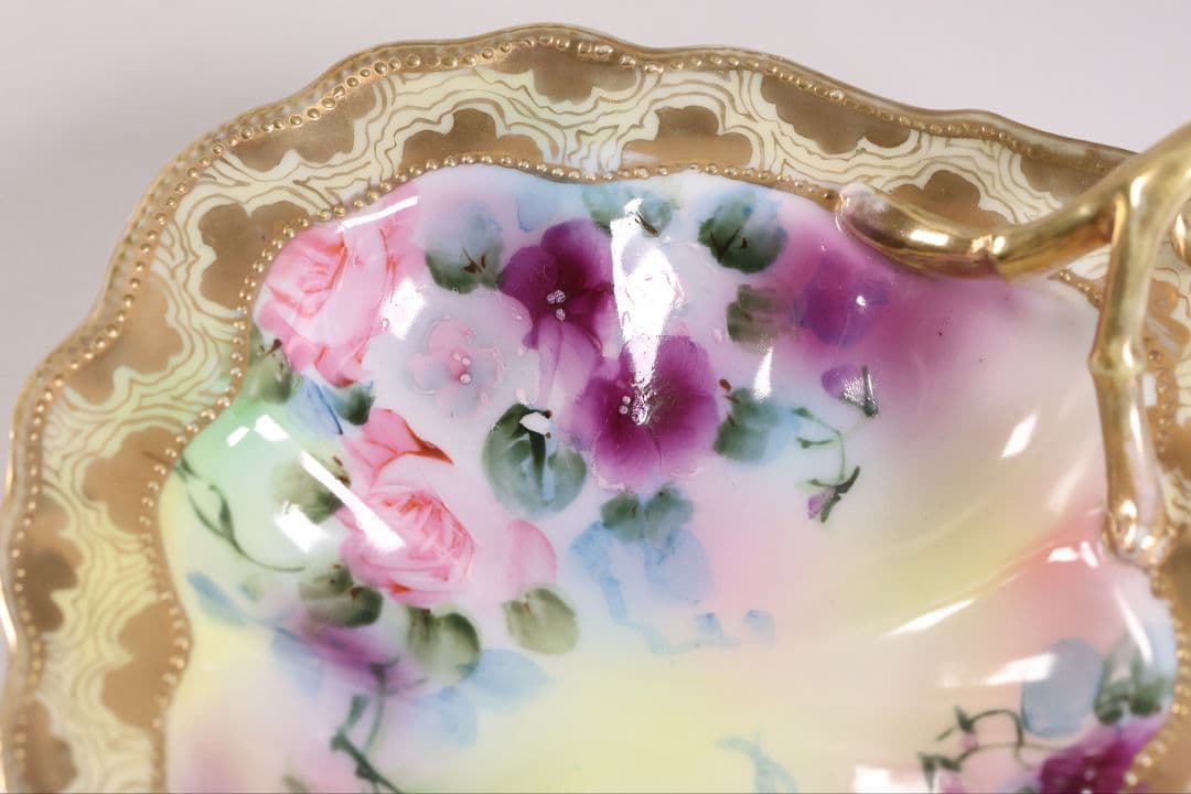 【CM297】オールドノリタケ 花 皿 薔薇 パンジー 金彩 イエロー 黄色