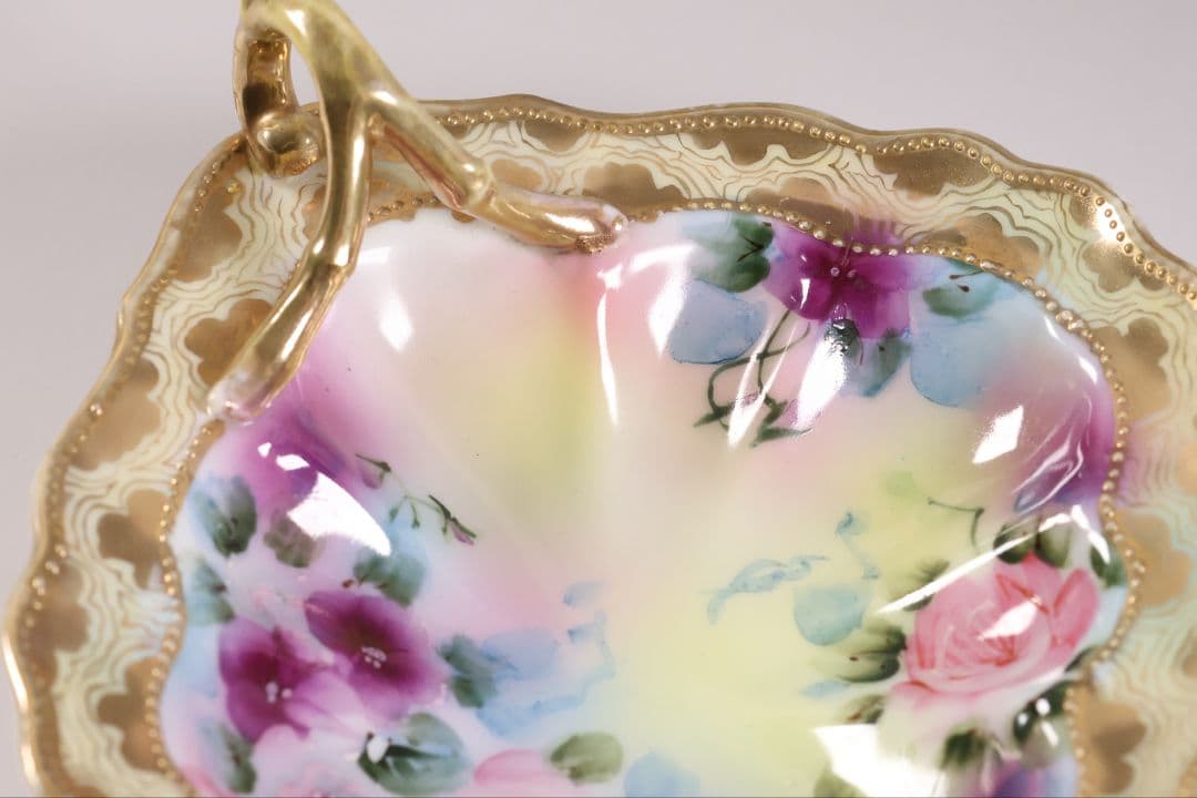 【CM297】オールドノリタケ 花 皿 薔薇 パンジー 金彩 イエロー 黄色