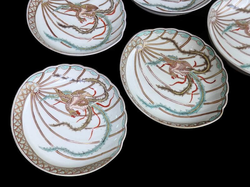 古伊万里　金襴手　鳳凰の図　鮑型変形皿　５客　E941AS-CRr
