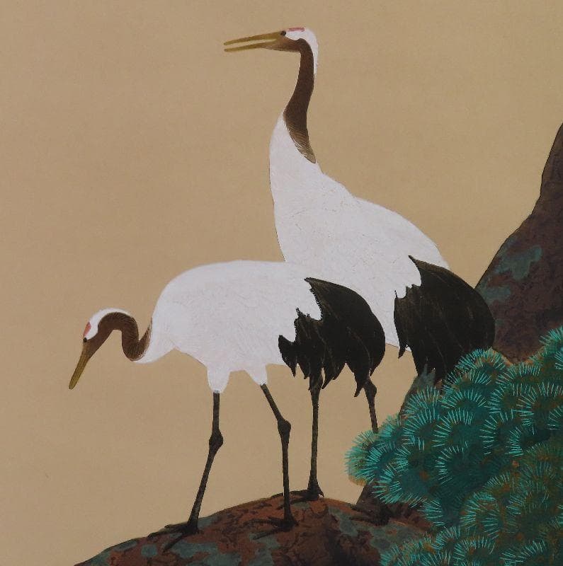 ●工芸掛軸●　川合玉堂　『松上双鶴』　限定300部　【木版画　川合三男監修】