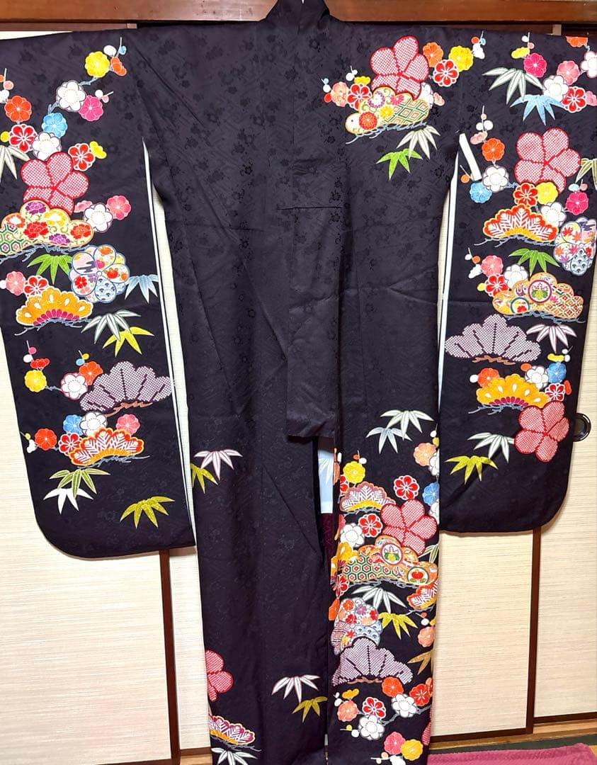 紫黒色 松竹梅 振袖 身丈163