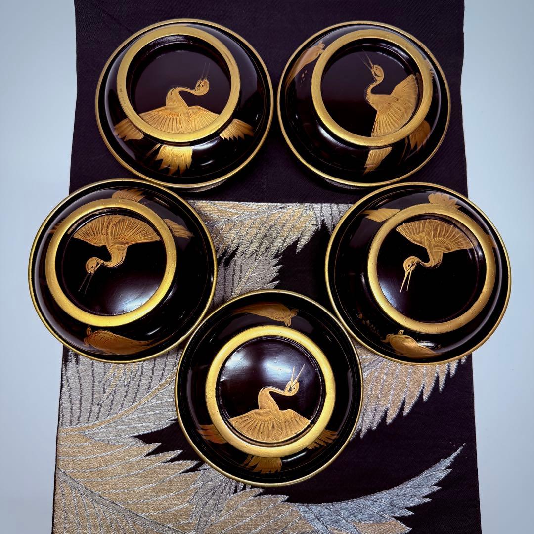 漆器　輪島塗　沈金　金蒔絵　木製　蓋付椀　お煮物椀　吸物椀　5客　骨董品