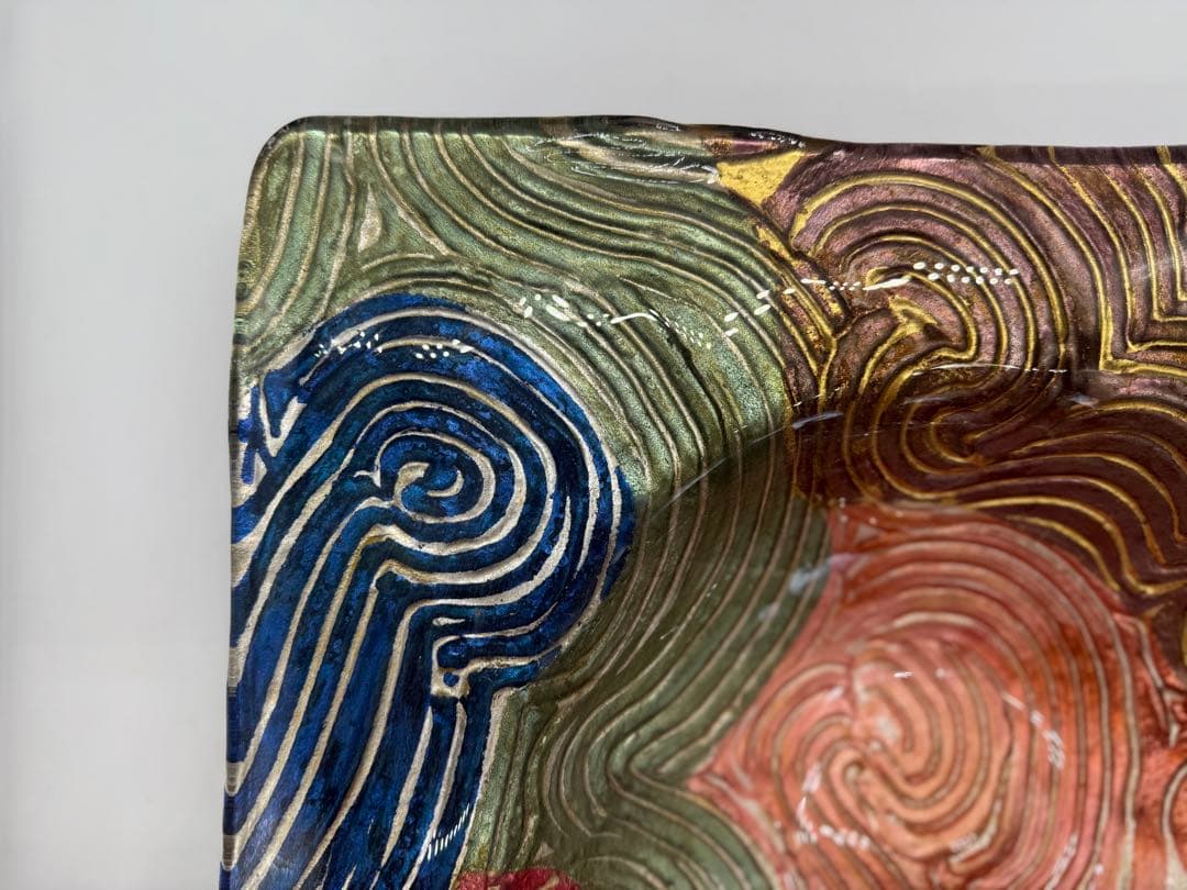 坂田甚内作　ガラス金彩波紋四方皿　名人作　送料込み250606