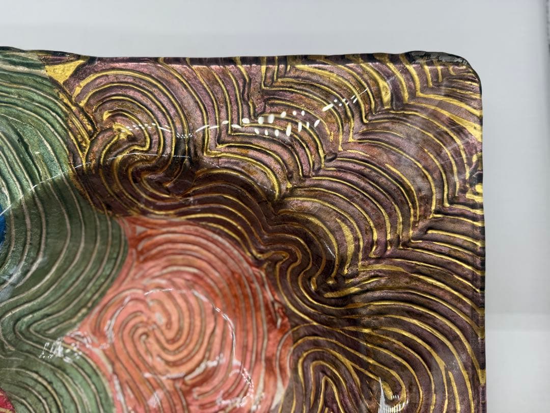 坂田甚内作　ガラス金彩波紋四方皿　名人作　送料込み250606