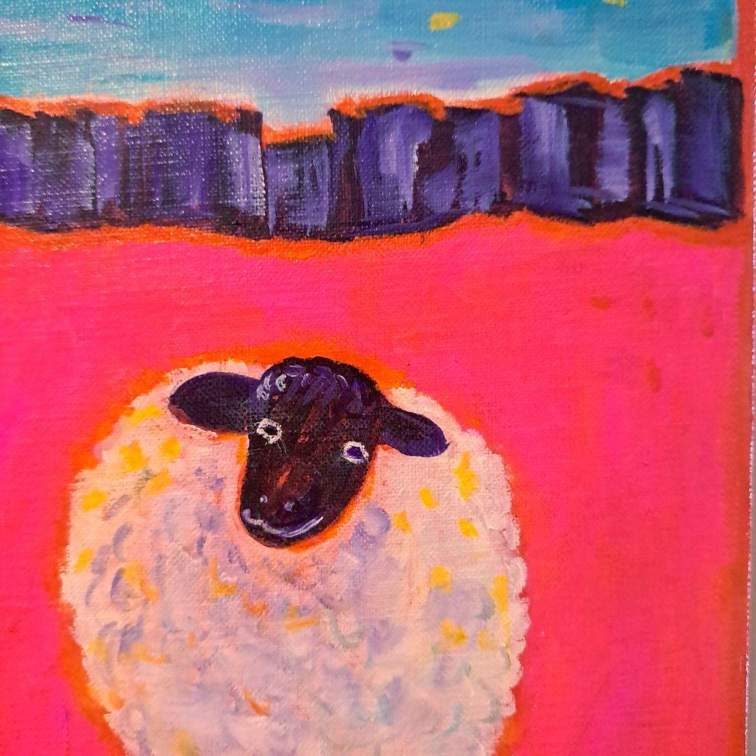 キャンバス油絵　専用　 旅をするサフォーク羊岩山を越えて　小さめキャンバス