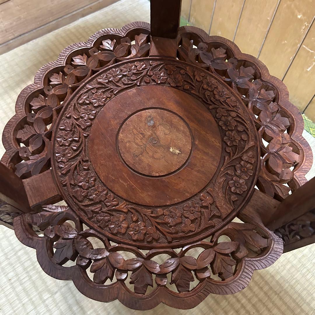 木製2段シェルフ【象嵌細工•彫刻透し彫り】サイドテーブル　飾り棚　花台　アジアン