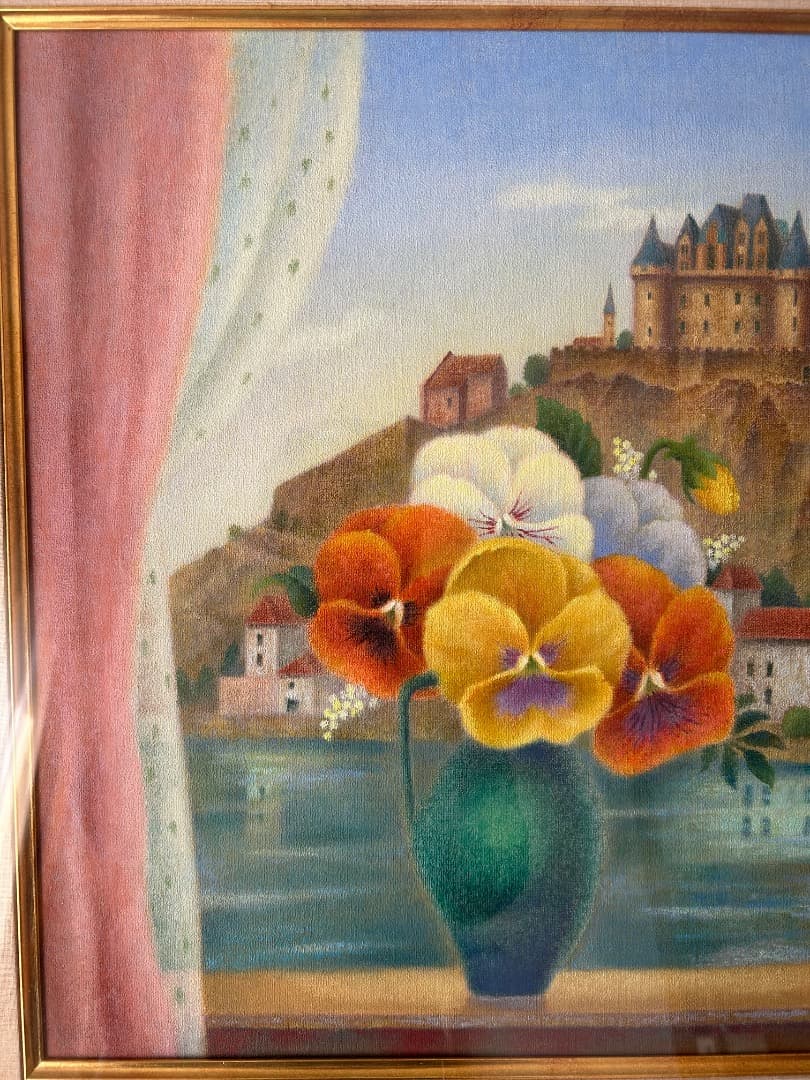 立松富雄作『花とシャトー』(油彩)
