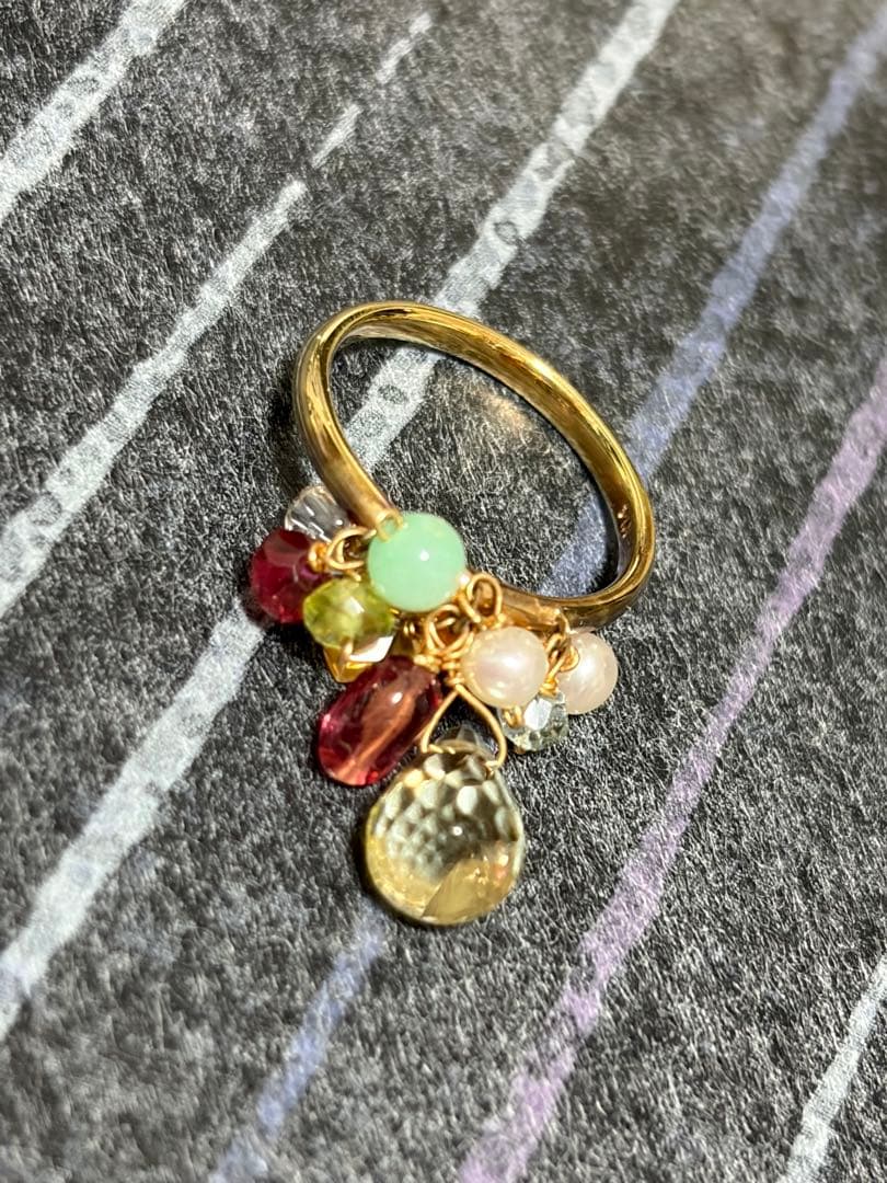 ⭐️K14イエローゴールドリング 天然石チャーム付き