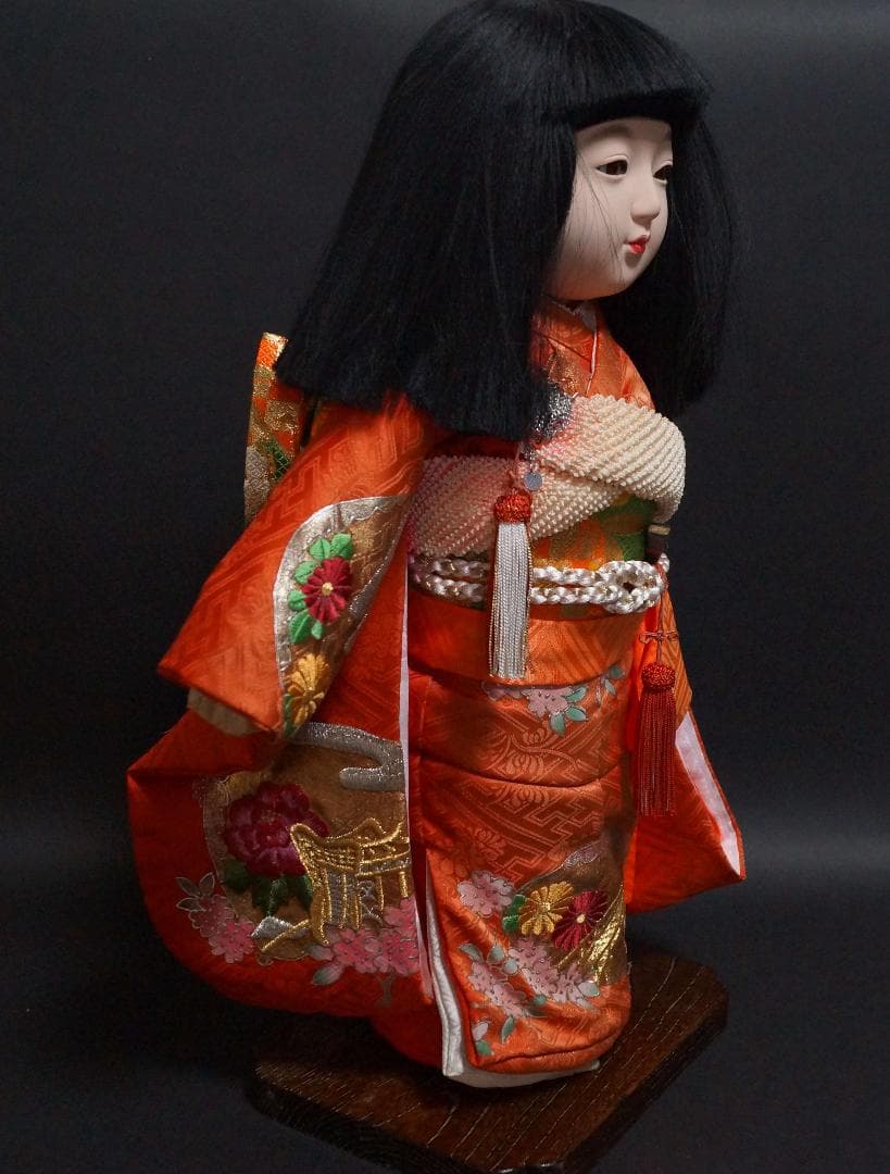 京都 市松人形(尺二)頭師「熊倉聖祥」京人形司「洛齊」作 美品正絹刺繍着物帯美人