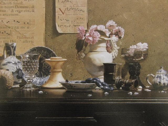 青木敏郎、【桜・楽譜・小さな焼物】、希少な額装用画集画、新品高級額 額装付