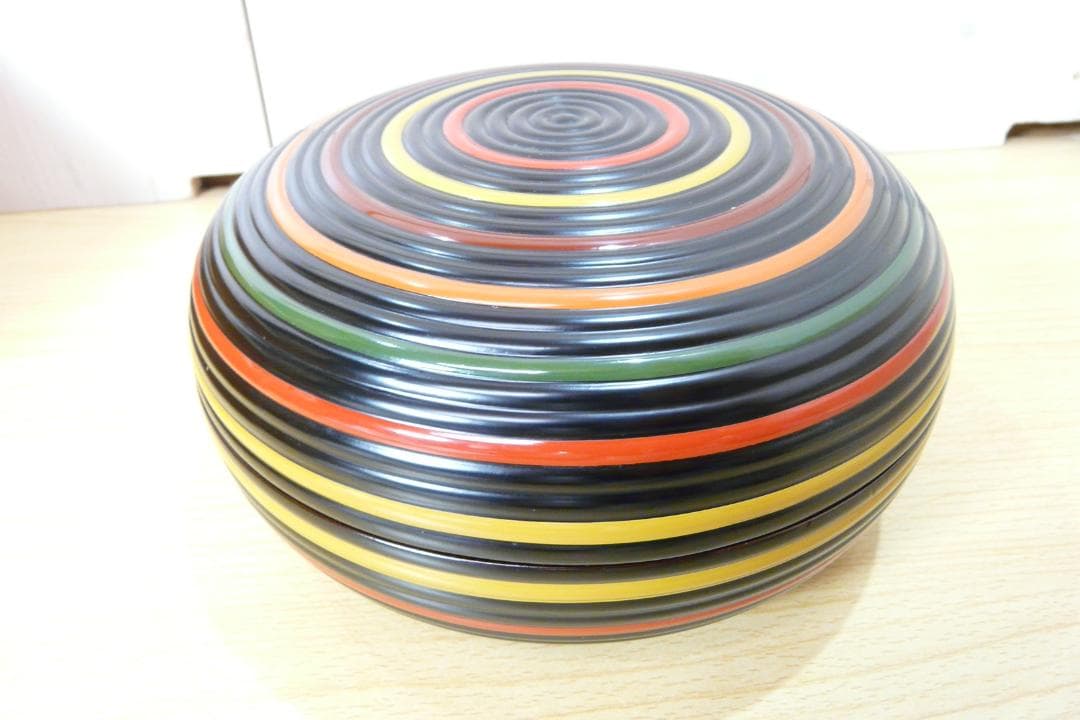 加賀塗師 金城萬茂 造 五彩 独楽糸目菓子器 喰籠 天然木地／漆塗 本物保証