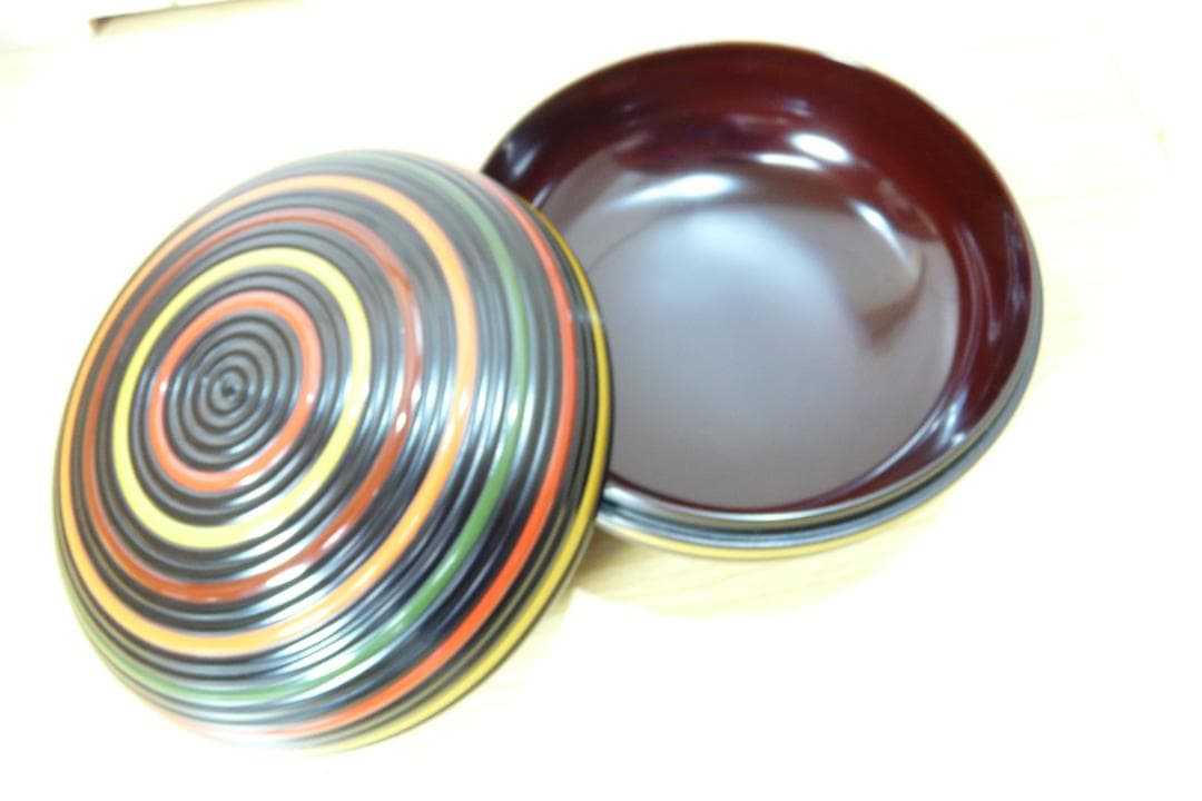 加賀塗師 金城萬茂 造 五彩 独楽糸目菓子器 喰籠 天然木地／漆塗 本物保証