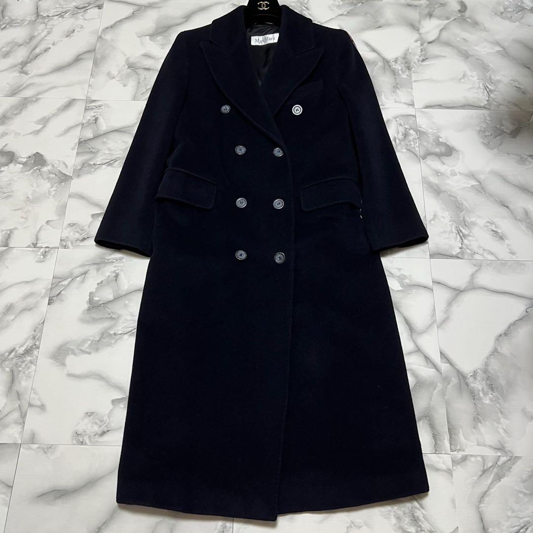 【美品】マックスマーラ　ダブルチェスターコート　ロング　カシミヤ混　ネイビー