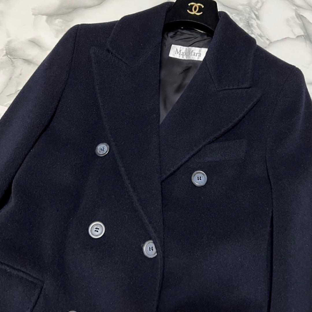 【美品】マックスマーラ　ダブルチェスターコート　ロング　カシミヤ混　ネイビー