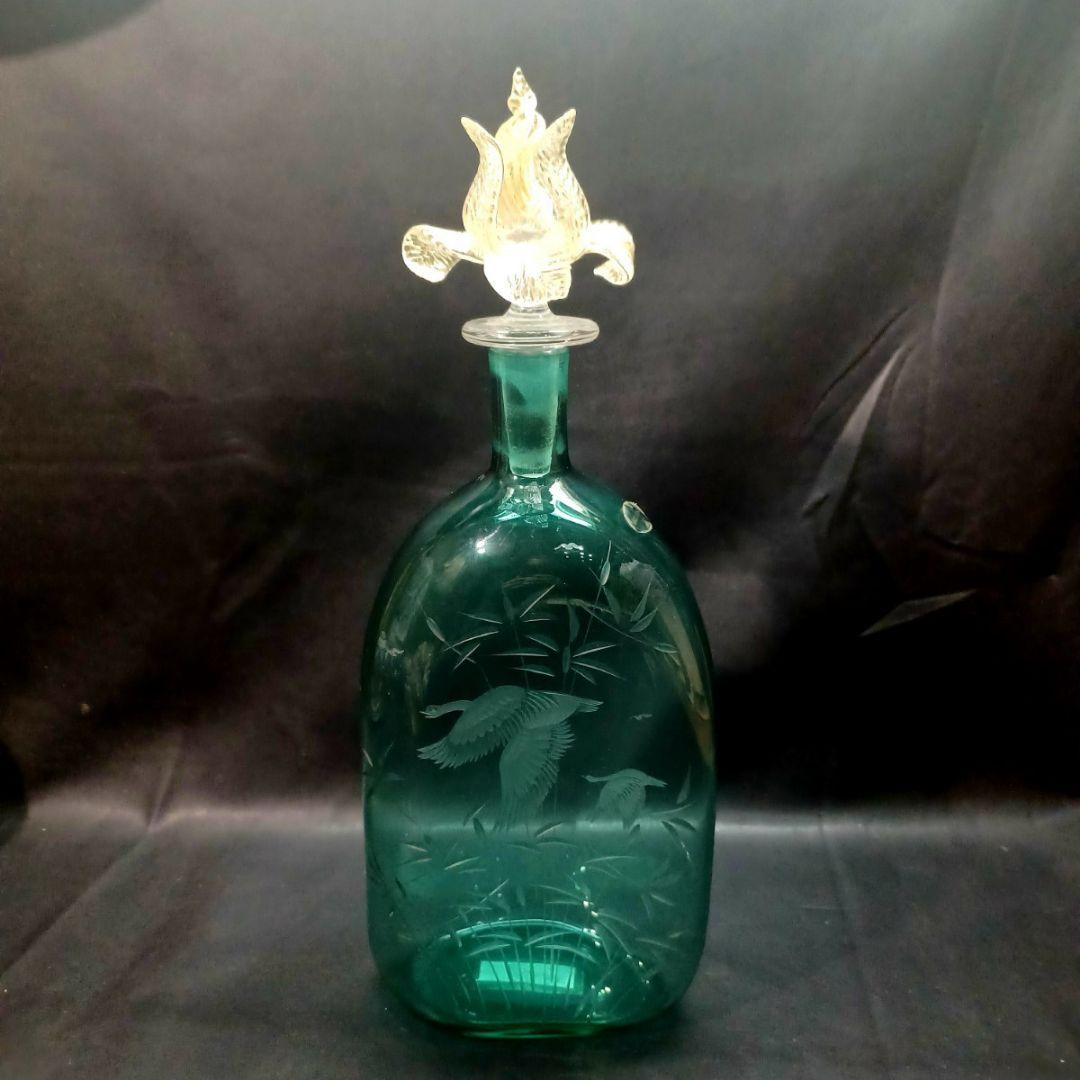 MURANO 36㎝ ムラノ 花鳥文 グリーン デカンタ ボトル 瓶