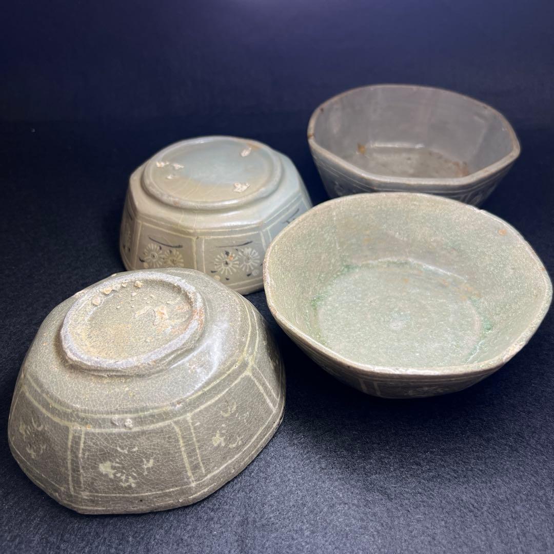 16世紀　高麗青磁　上手白泥象嵌八角鉢4客　幅約11.5㎝東Y7-1224☆2F