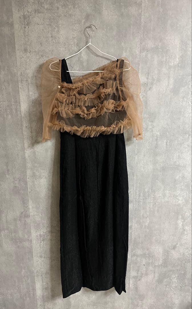 【LEJA】チュールアシンメトリーティアードフリルIラインドレスワンピース　M