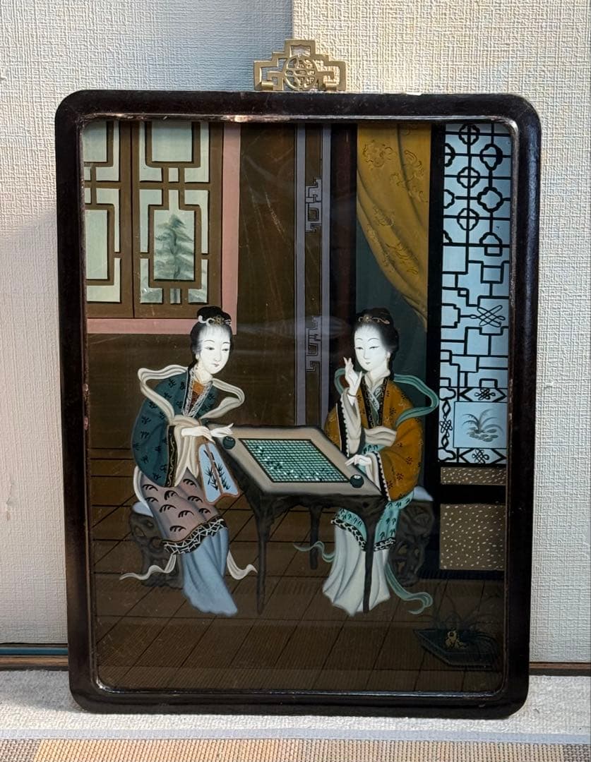 中国　ガラス絵　美人　1960年代製　壁がけ　送料込み250131