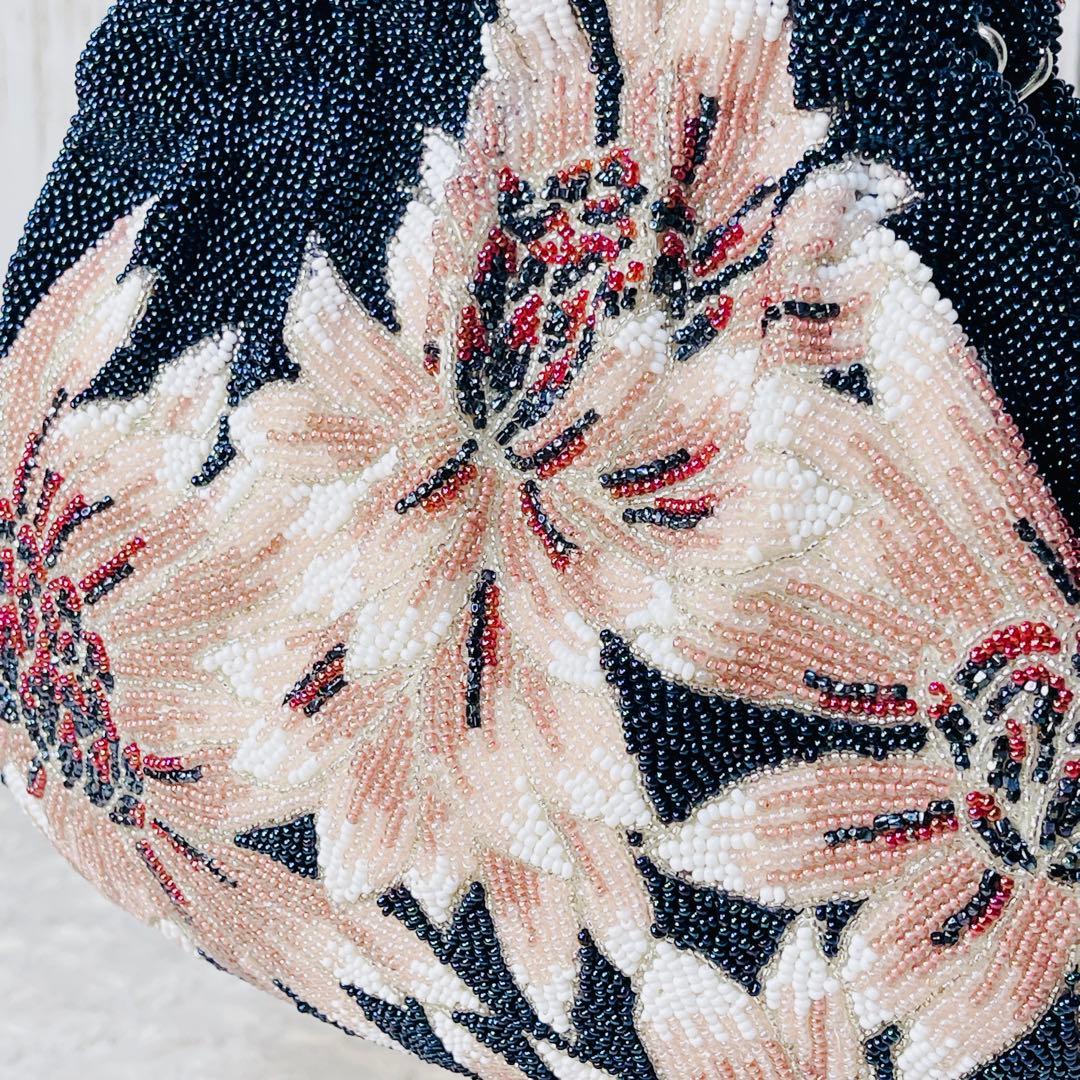 ビーズバッグ 花柄 フラワー ギャザー ハンドバッグ ヴィンテージ レトロ