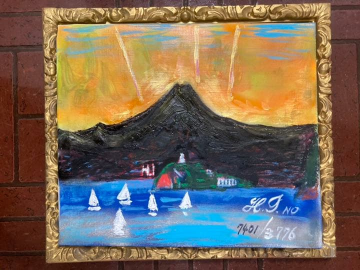 空飛ぶ画家、糸川裕志の富士山曼荼羅の一点、油絵、額入り、F8号