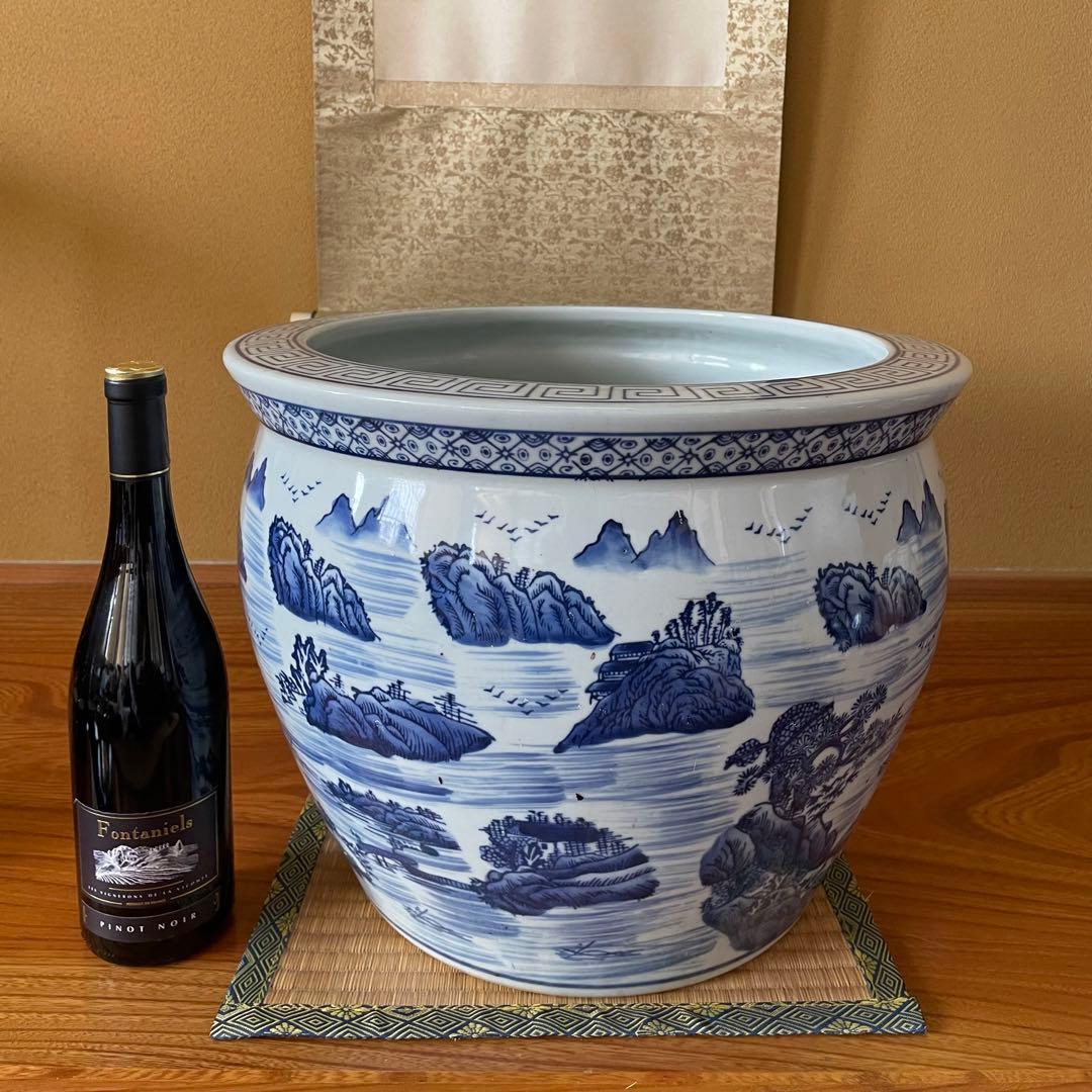 染付 山水図 火鉢 陶器 メダカ鉢 金魚鉢 睡蓮鉢 骨董品