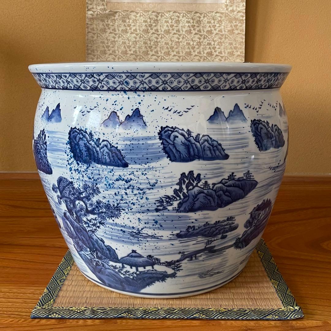 染付 山水図 火鉢 陶器 メダカ鉢 金魚鉢 睡蓮鉢 骨董品