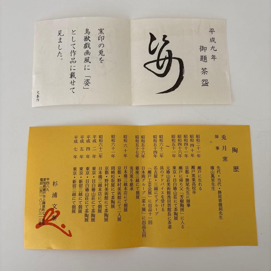 【新品未使用】抹茶茶碗　兎月窯　杉浦文泰作　瀬戸焼　御題『姿』鳥獣戯画　共箱