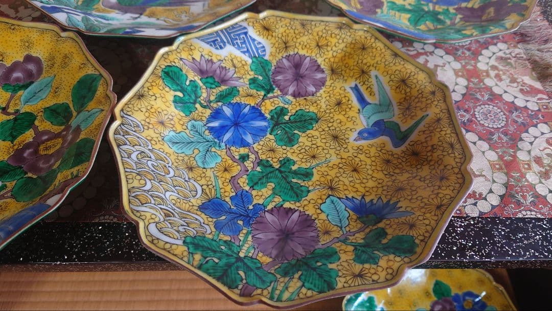 有田焼　角福花鳥絵図中皿五枚組