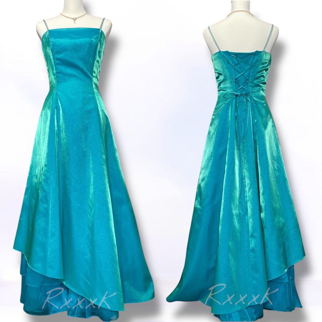 ジュネビビアン 高級 ロングドレス 演奏会 アシンメトリー 光沢 ブルーグリーン