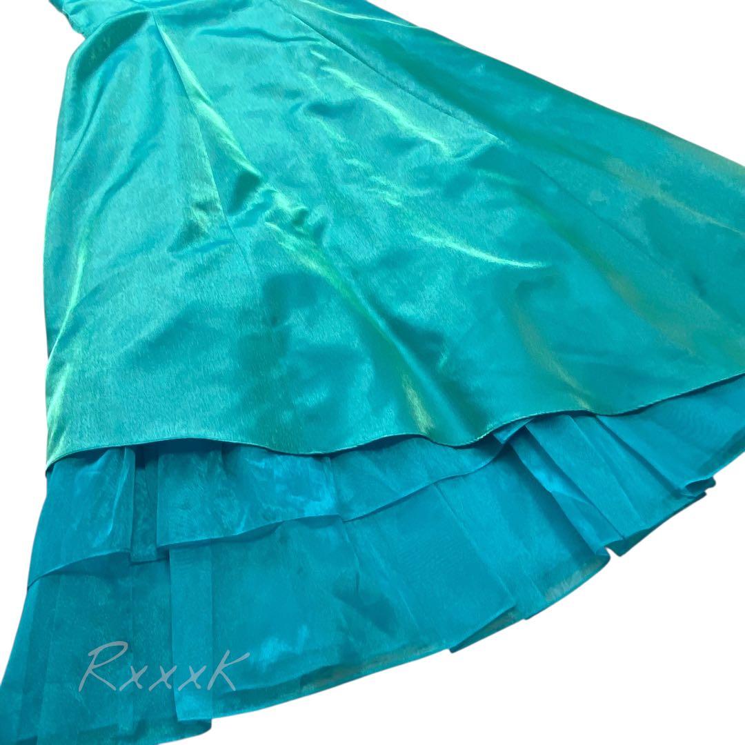 ジュネビビアン 高級 ロングドレス 演奏会 アシンメトリー 光沢 ブルーグリーン