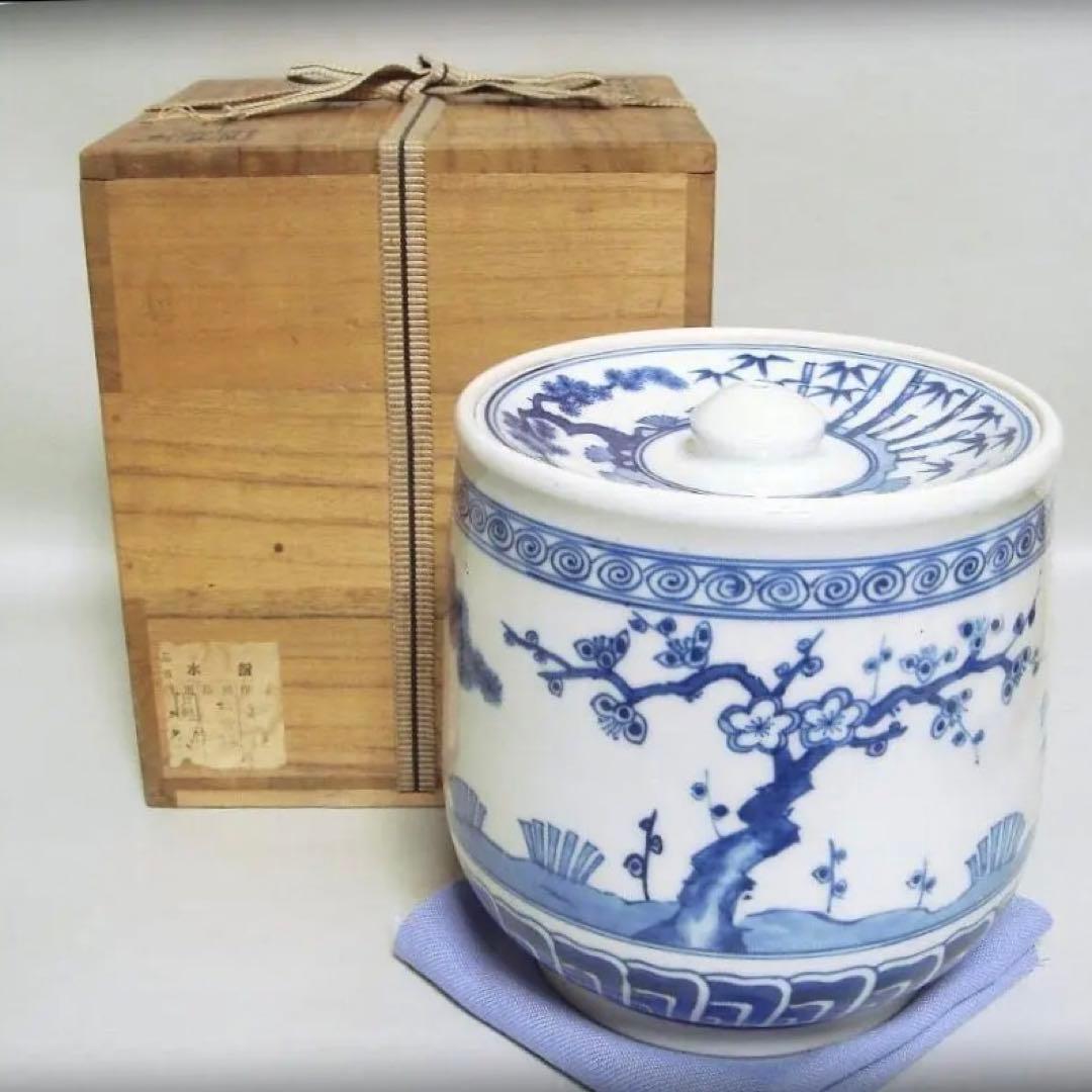 64『染付 松竹梅 水指 共箱』　　/骨董品 古美術 茶道具 アンティーク