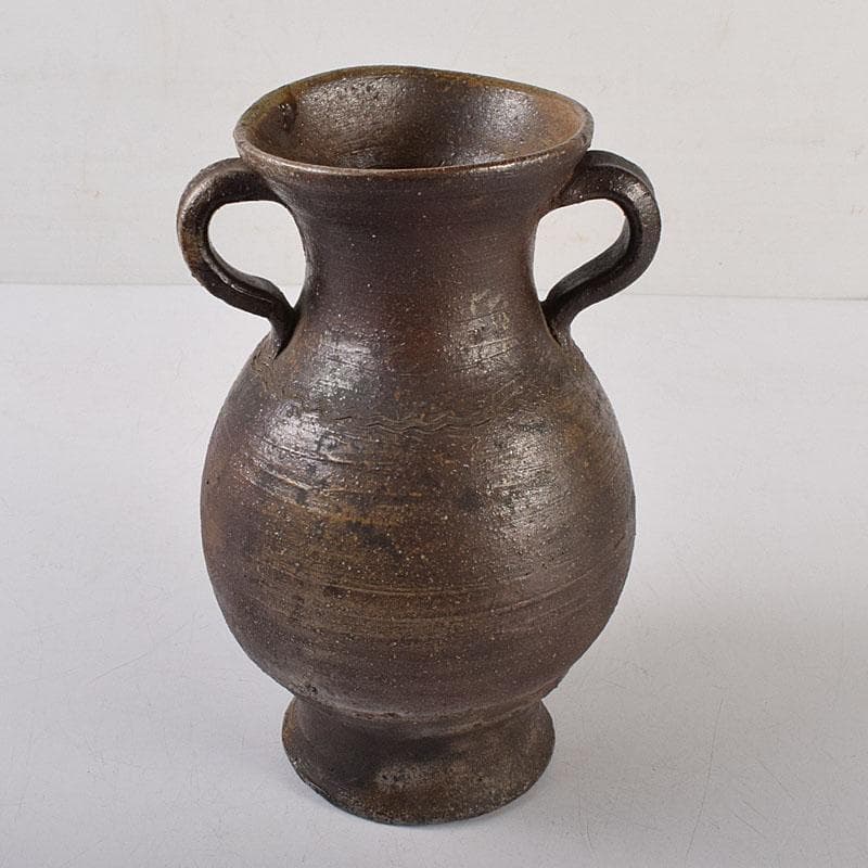 備前焼　人間国宝　金重陶陽作　耳付花入　共箱　M　R8532