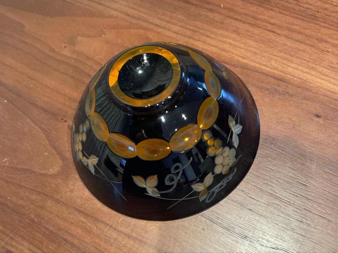 硝子茶碗　北一硝子　琥珀 切子茶碗