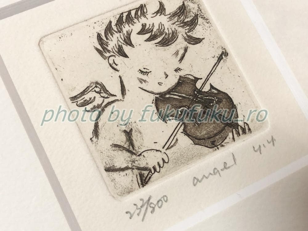 山岡康子　angel　銅版画 　天使　エンジェル　木製　エディション　インテリア