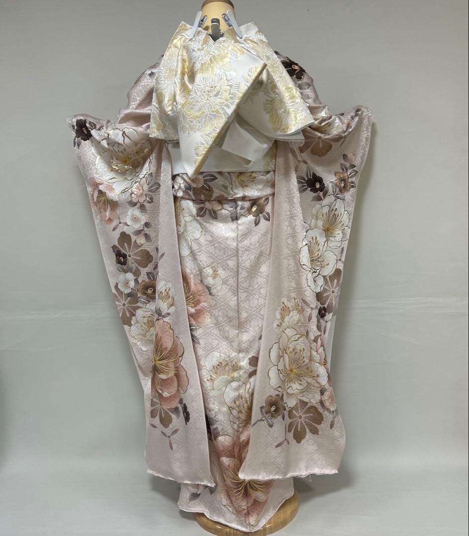 上品なくすみピンクの椿の柄の振袖フルセット