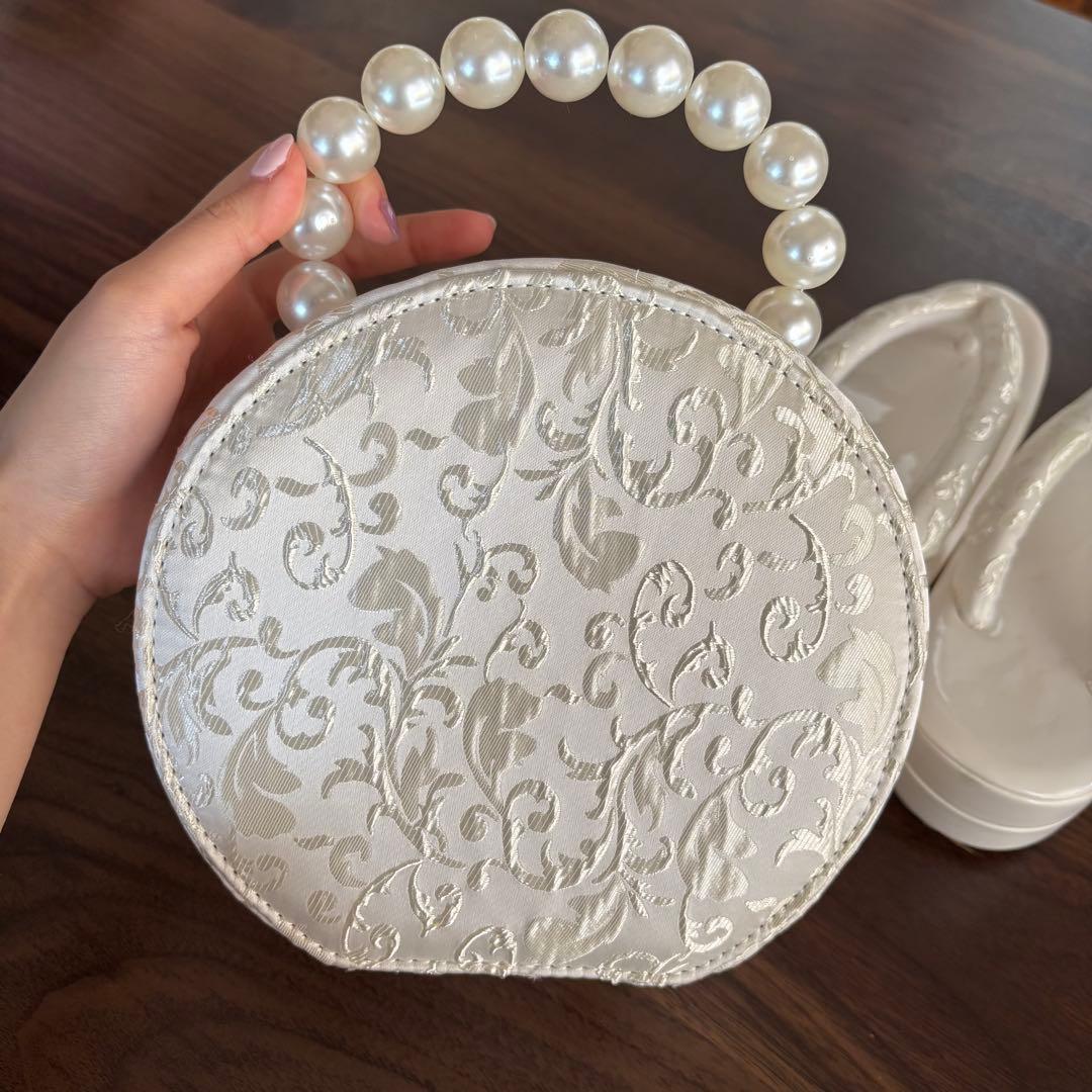 ホワイト和装用バッグと草履セット 成人式 振袖 22.5-23cm