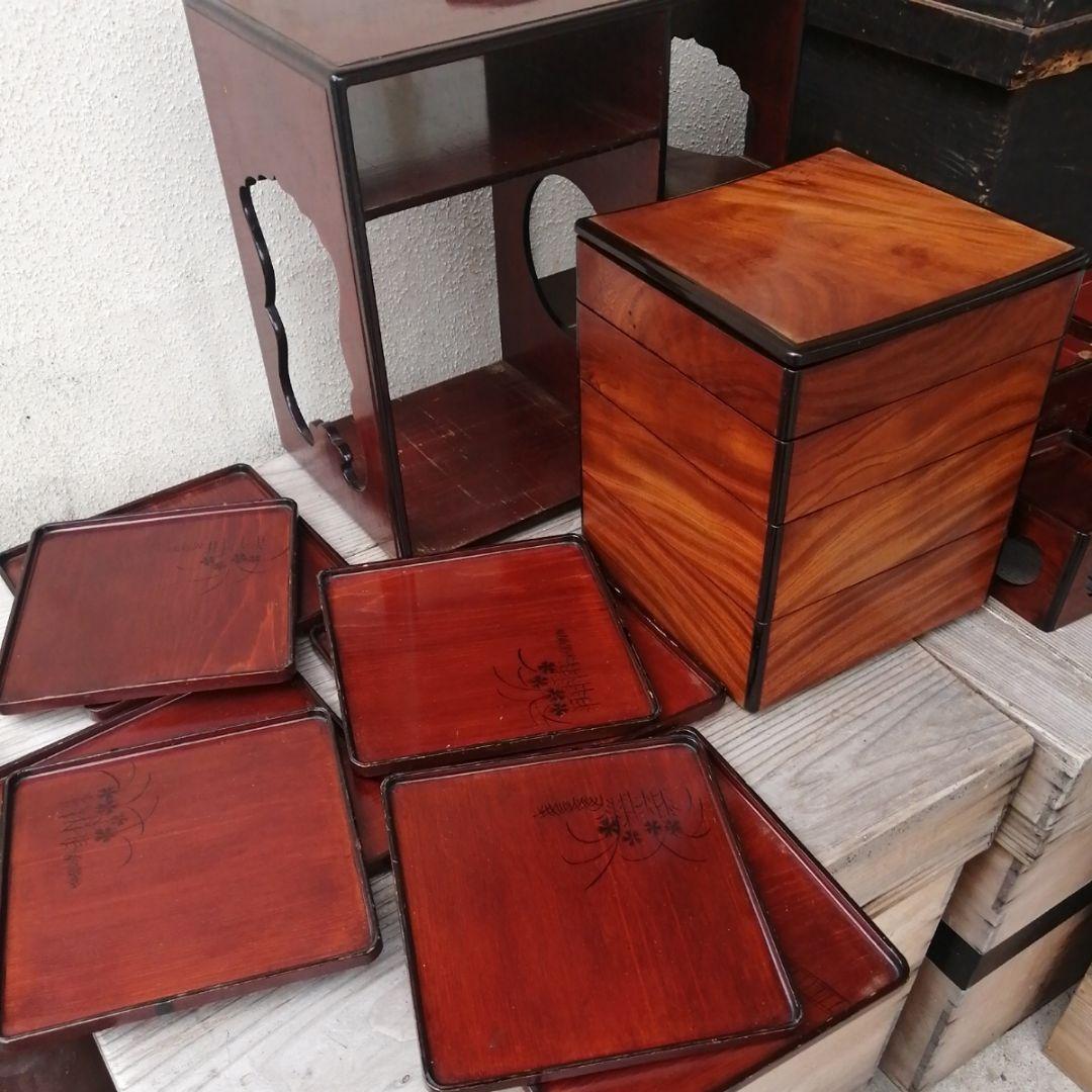 骨董　弁当箱　大名弁当　野点　木製　漆器　共木箱入　アンティーク　小物入