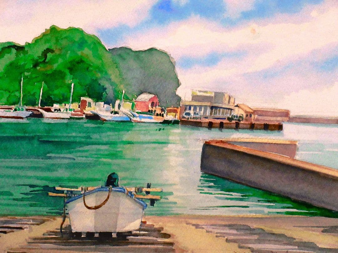 港の風景 水彩画 フレーム付き 原画 F6サイズ