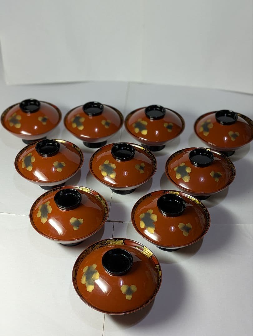 特選、輪島塗、蒔絵金彩細工、沈金菊模様、木製、蓋付椀、吸物椀、10客、保管箱付