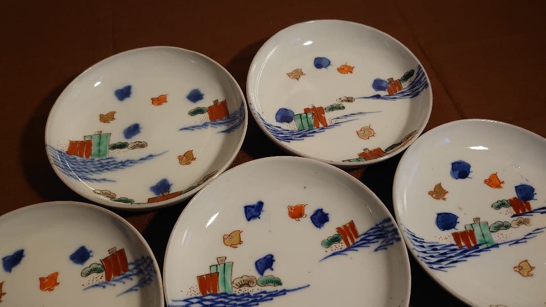 古伊万里　伊万里　波千鳥　色絵　アンティーク伊万里　菓子皿　希少図柄　蔵出　７客