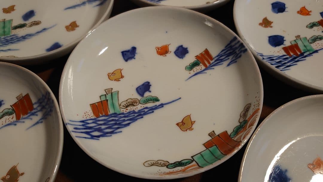 古伊万里　伊万里　波千鳥　色絵　アンティーク伊万里　菓子皿　希少図柄　蔵出　７客