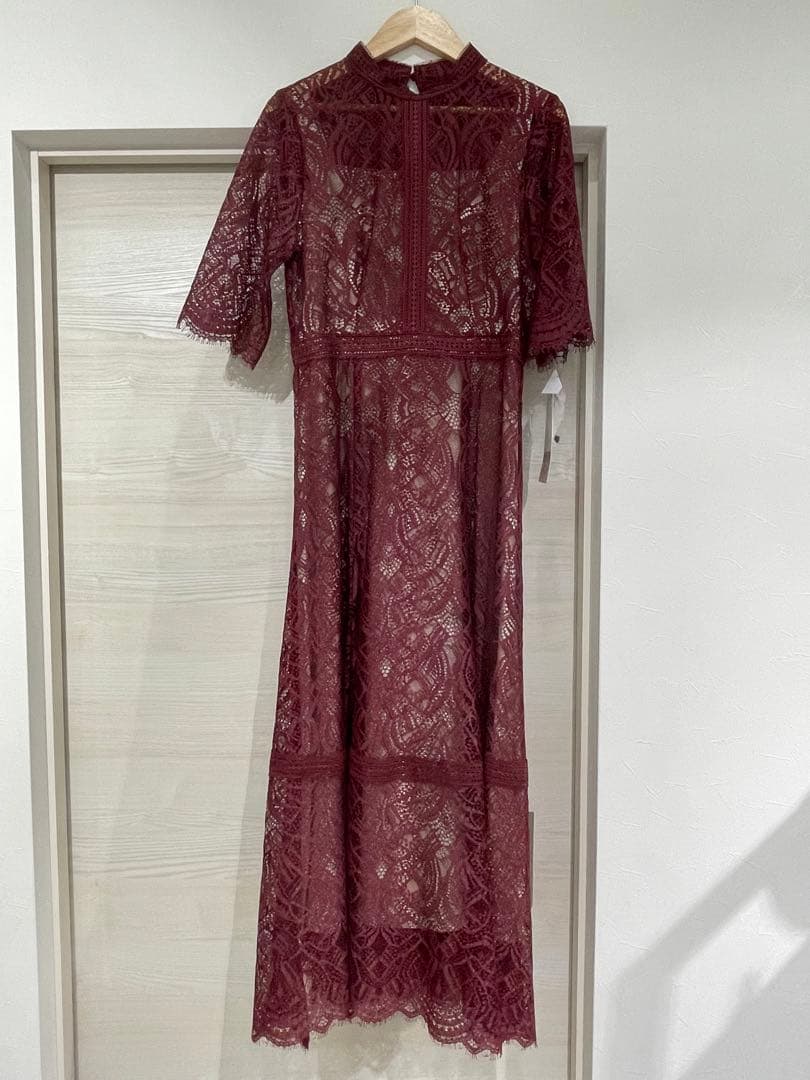 Dorry Doll 配色レース×ハシゴレース切り替えワンピースドレス ボルドー