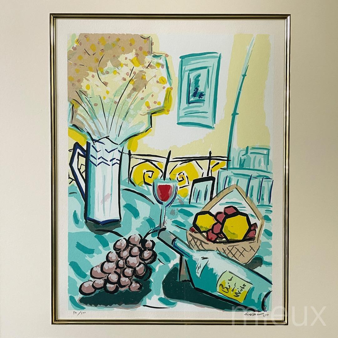 まちひろし「ワインのある風景」リトグラフ 額付 サインあり 中古 美品