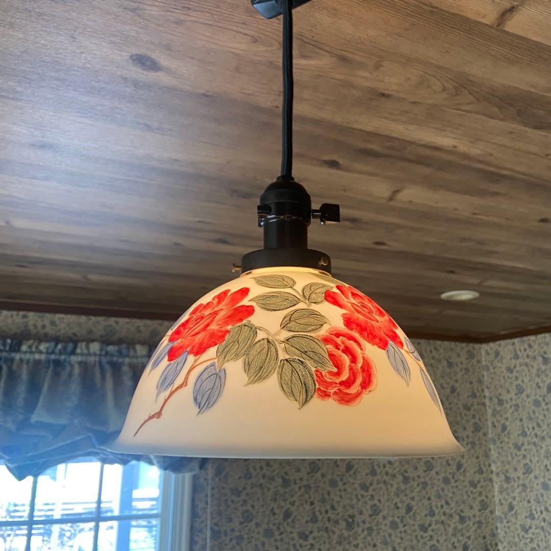 アンティーク照明　電笠　薔薇絵付　磁器シェード　ペンダントライト